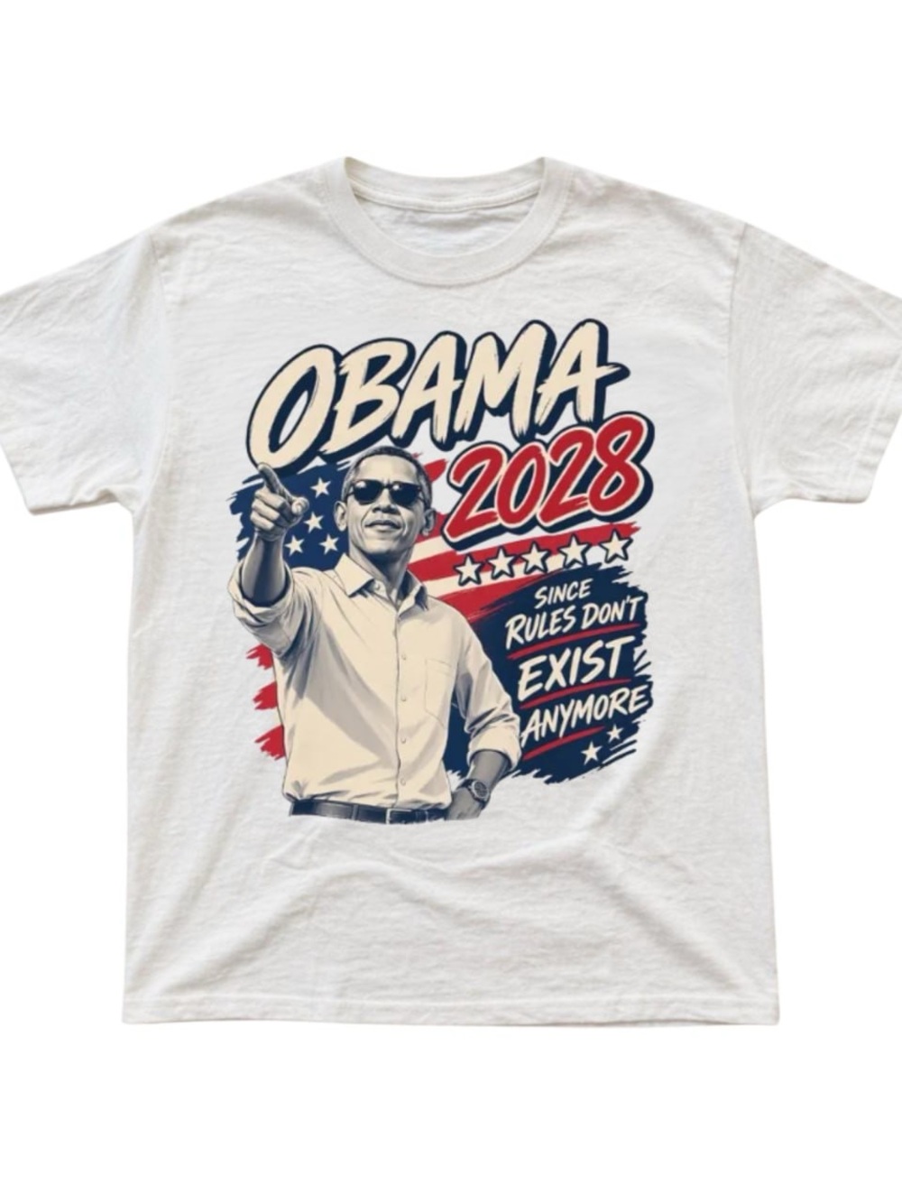 White Short-Sleeve Graphic Tee with Obama 2028 Red and Blue Print